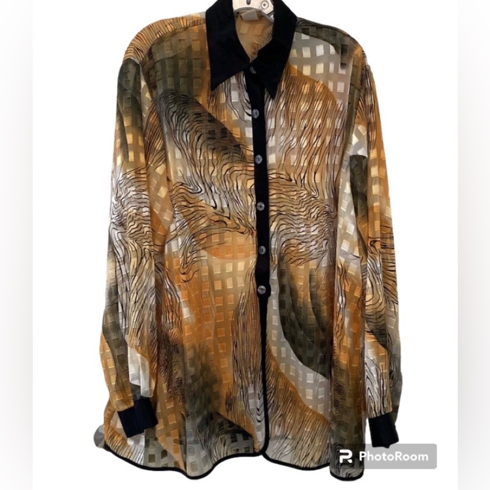 SAM Vintage Black, Gold & White Button Down Sheer Print Top Size Large
